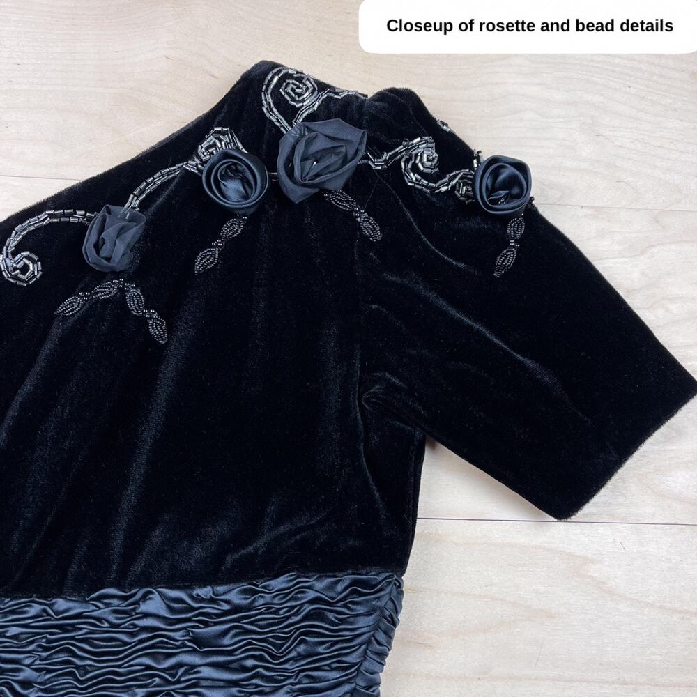 Vintage 1960s Black Velvet One Shoulder Beaded Midi Dress - Picture 6 of 9
